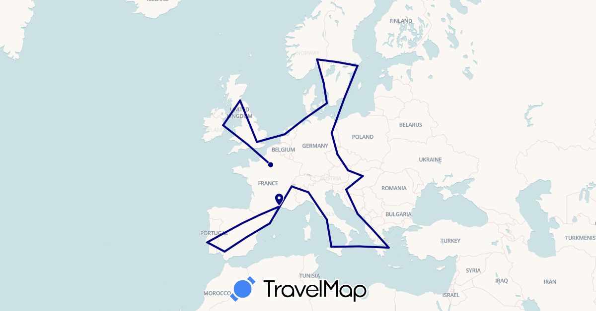 TravelMap itinerary: driving in Austria, Switzerland, Czech Republic, Germany, Denmark, Spain, France, United Kingdom, Greece, Croatia, Hungary, Ireland, Italy, Netherlands, Norway, Portugal, Sweden (Europe)